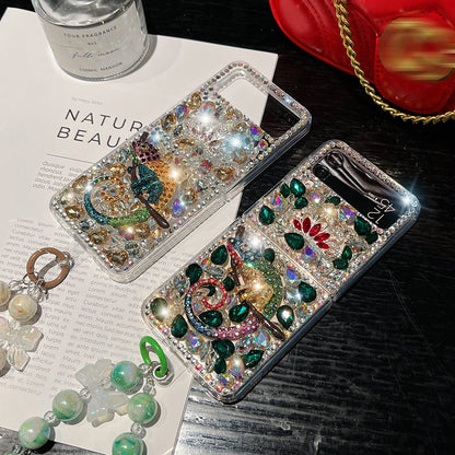 Rhinestone Chameleon Hang Bead Bracelet Phone Case For Samsung Galaxy Z