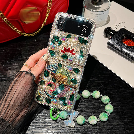 Rhinestone Chameleon Hang Bead Bracelet Phone Case For Samsung Galaxy Z