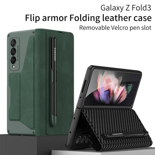 Pen Holder Slot Leather+Tempered Glass Fold Stand Cover For Galaxy Z Fold4