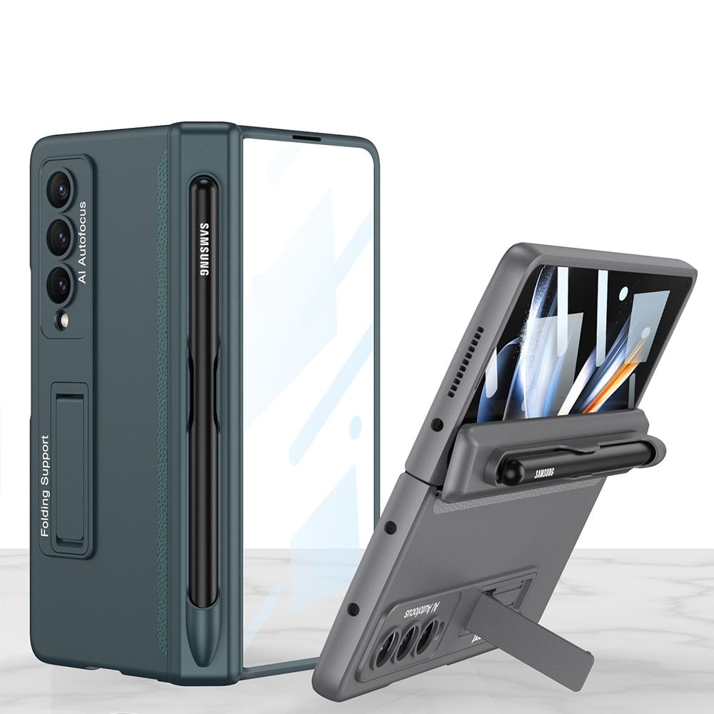 Pen Slot Case for Samsung Galaxy Z Fold 4 with Kickstand and Screen Protective Glass.